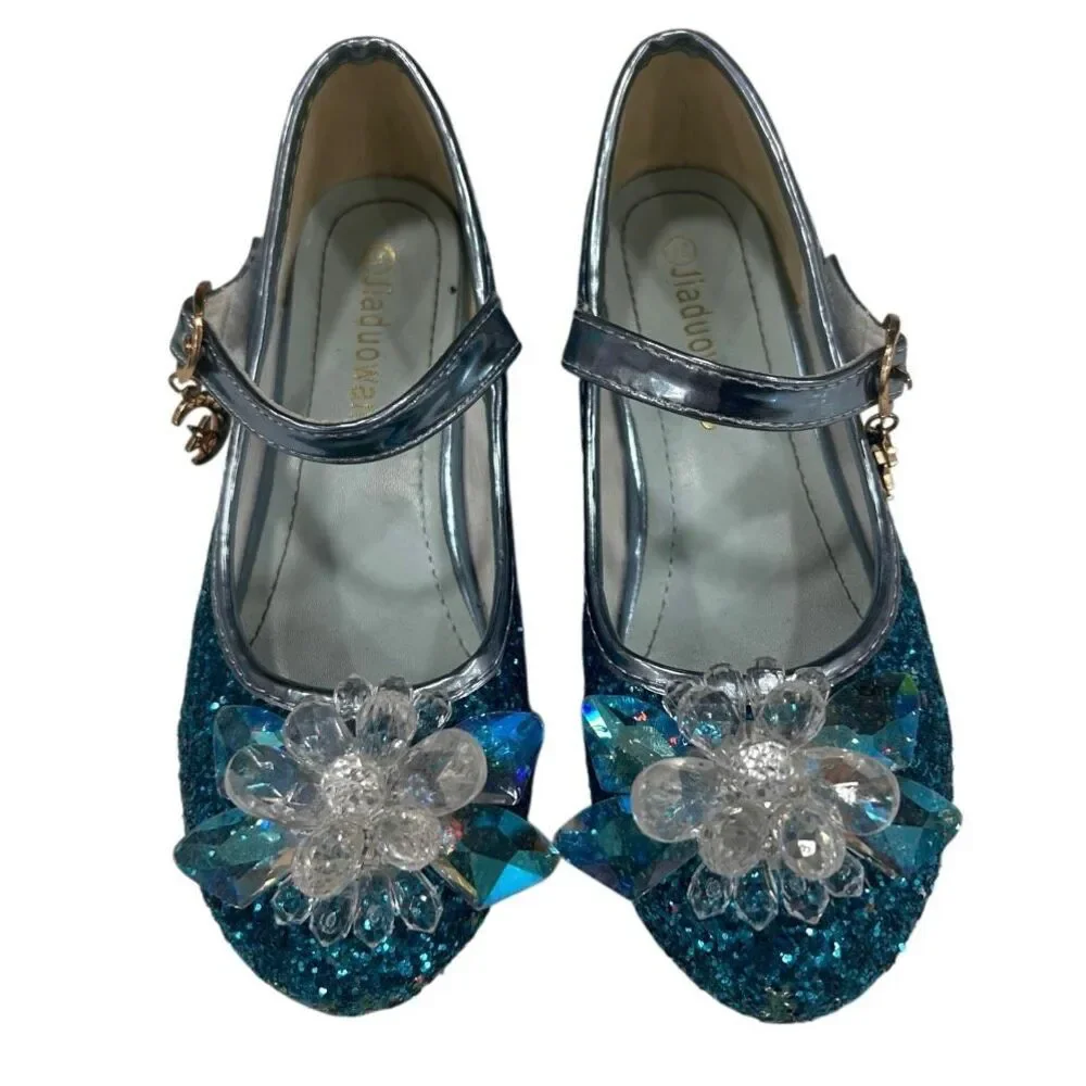 NWOT Jiadowang Dance Shoes Girls Size 31 Blue Glittered Crystal Flower Accent